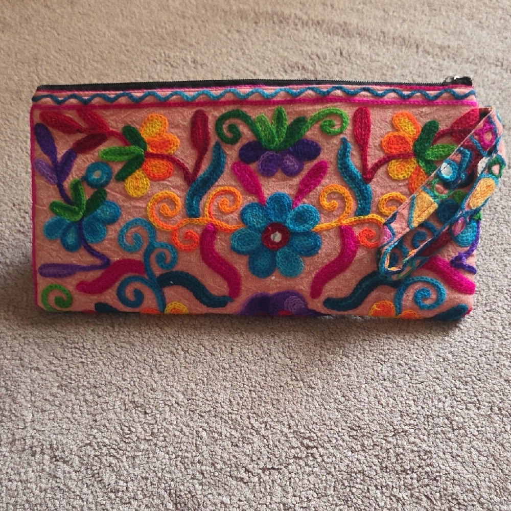 Boho Embroidered Clutch/wristlet